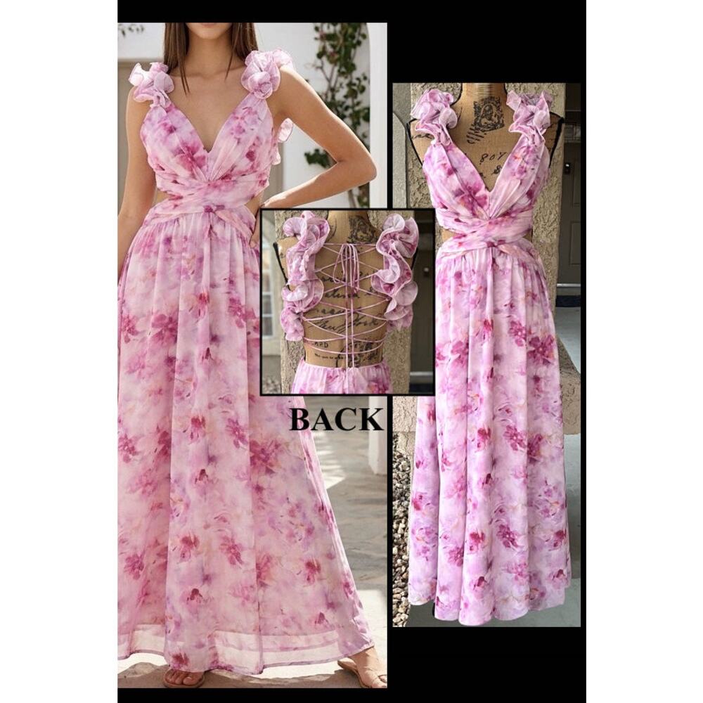 Selfie Leslie Saints & Secrets Backles LaceUp Ruffle Straps Madara Maxi Dres S